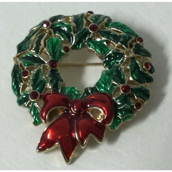 Vintage Monet Christmas Wreath Lapel Pin Brooch Holiday Gold Tone Green Red Bow - Picture 2 of 4
